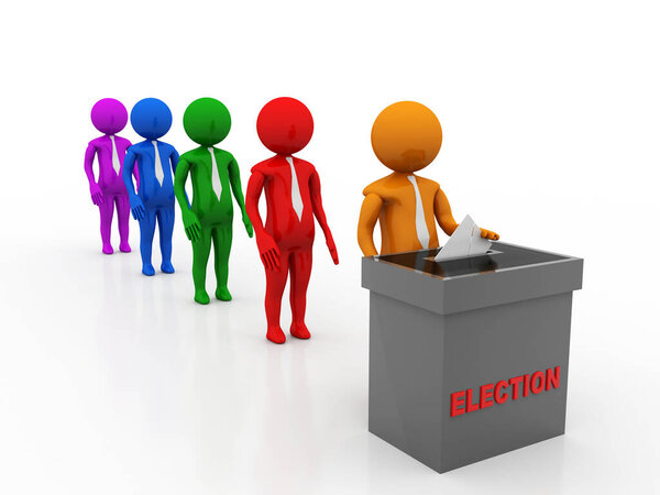 Избиратели вставляют конверт в урну для голосования. Концепция выборов, голосования и опросов, люди, стоящие в очереди, чтобы проголосовать изолированы в белом фоне. 3d иллюстрация