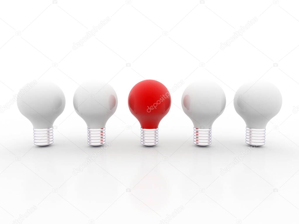 Idea Concept Red Light Bulb Out From Others Bulbs. 3d Render Illustration