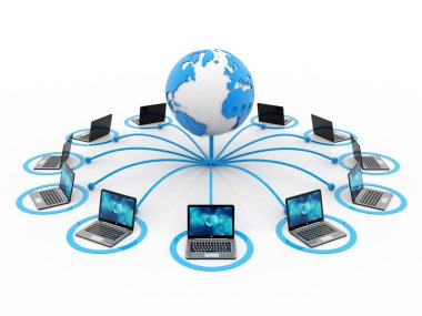 3d görüntüleme Bilgisayar ağı, Globe ile bilgisayar ağı beyaz arkaplan üzerinde izole edilmiş, İnternet İletişim arkaplanı