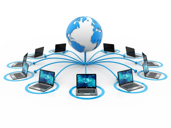 Rendering Computer Netwerk Computer Netwerk Met Globe Geïsoleerd Witte Achtergrond — Stockfoto