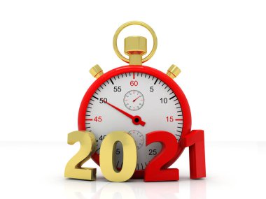 2021 yılının saati, 2021 yılının yeni yılı, 2021 yılının konseptini temsil ediyor. Beyaz zemin üzerinde Alarm Saati olan 2021 Çelik İşareti. 3B Hazırlama