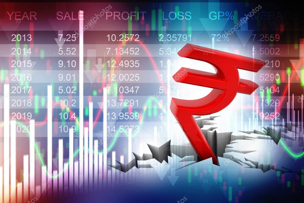 Indian Rupee crisis concept, Red Indian Rupee Symbol Down to Ground. 3D rendering isolated on stock market background 