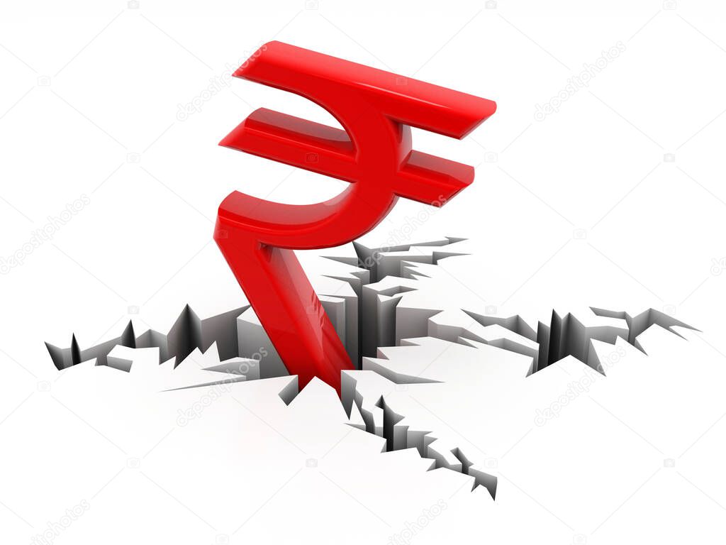 Indian Rupee crisis concept, Red Indian Rupee Symbol Down to Ground. 3D rendering isolated on white background 