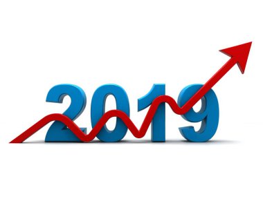 Finansal ve ekonomik büyüme 2019 'da, kırmızı oklar yükselirken. Kırmızı okun yükselişi 2019 'daki beyaz zemin içindeki büyümeyi temsil ediyor. İş başarısı konsepti. 3d illüstrasyon