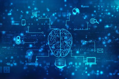 Ampul gelecek teknolojisi, yenilik geçmişi, yaratıcı fikir konsepti, Yapay Zeka kavramı, teknoloji arka planı ampul simgesi