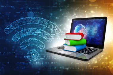Dijital kütüphane ve online eğitim konsepti - renkli kitaplı dizüstü bilgisayar. 3d oluşturma
