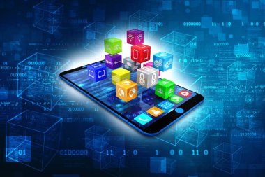 Sosyal medya simgelerine sahip akıllı telefonun teknoloji arka planında izole edilmiş 3d çizimi