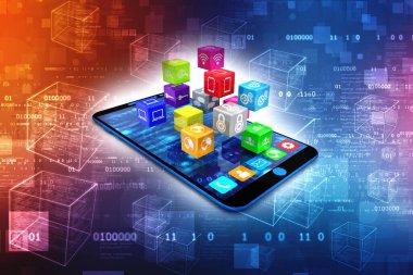 Sosyal medya simgelerine sahip akıllı telefonun teknoloji arka planında izole edilmiş 3d çizimi