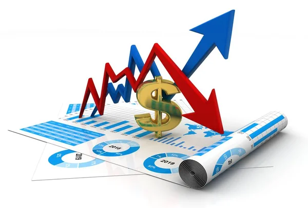 ドル記号付きのビジネスグラフ ドルの成長と損失の概念 ドル市場変動の概念 3Dレンダリング — ストック写真