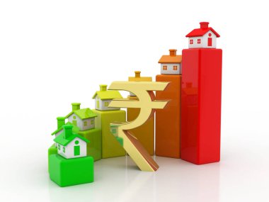 Beyaz arka planda Hint Rupisi olan Ev ve Grafik. Emlak sektöründe büyüme, Hint emlak konsepti. 3d hazırlayıcı