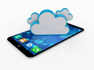 3D görüntüleme Bulut hesaplama kavramı, Smartphone ile beyaz arkaplan izole bulutu