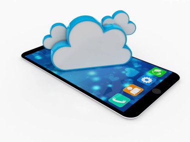 3D görüntüleme Bulut hesaplama kavramı, Smartphone ile beyaz arkaplan izole bulutu