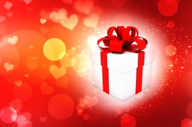 Kırmızı kurdeleli beyaz karton kutu ve fiyonk. Beyaz arka planda hediye kutusu. Mutlu yıllar Noel düğünü ya da Sevgililer Günü paketi tasarımı. 3d hazırlayıcı