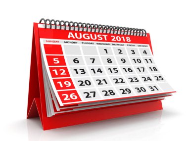 3D masaüstü takvimi Ağustos 2018 Beyaz arkaplan, Ağustos 2018 Spiral Takvim