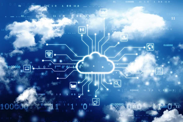 2d illustration of Cloud computing, Digital Cloud computing Concept background. Cyber technology, internet data storage, database and mobile server concept