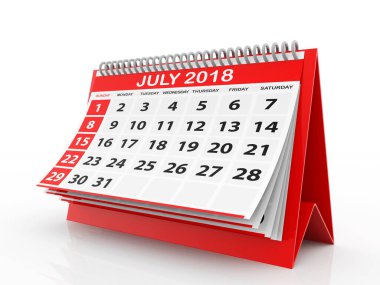 2018 yıllık takvim. Beyaz arka planda Temmuz takvimi. 3d oluşturma