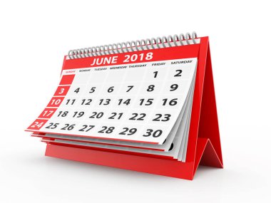 Haziran 2018 Takvimi. Beyaz Arka plan 'da izole edilmiş. 3B Görüntü
