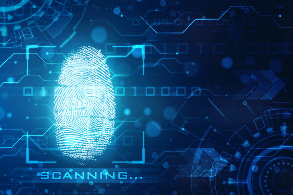 Система сканирования отпечатков пальцев. Концепция биометрической авторизации и безопасности бизнеса, сканирование отпечатков пальцев на цифровом экране. Концепция кибербезопасности.