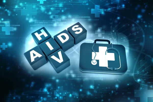 Aids and HIV cubes with medical kit and Stethoscope on a white background. 3d Rendering