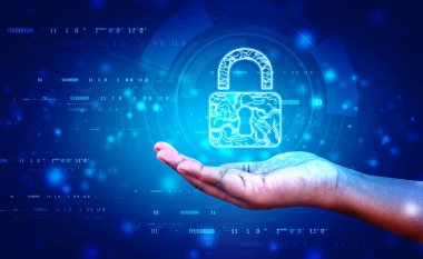 Dijital arka planda asma kilit, El Kilidi, Siber Güvenlik ve Güvenlik Bilgileri, Teknoloji Güvenlik Konsepti. Modern güvenlik dijital arkaplanı