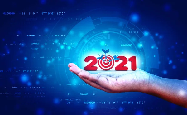 Financial Economic Target Goal 2021 Year Technology Background Hand Hooding — Stock Photo, Image