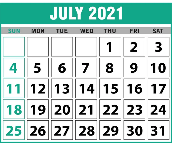 2021 Julio Calendario Plantilla Diseño Aislada Fondo Blanco Semana Comienza — Vector de stock