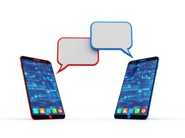 Beyaz arka planda baloncuklu akıllı telefon, iki dokunmatik ekranlı cep telefonu arasında sosyal medya mesajı. 3d oluşturma