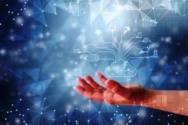 Bulut hesaplamasının 2d çizimi, Dijital Bulut hesaplama kavramı. Siber teknoloji, internet veri depolama, veritabanı ve mobil sunucu kavramı