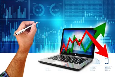 İş analizi. Laptop, grafik ve diyagram. Borsa Konsepti. 3d hazırlayıcı