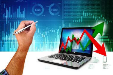 İş analizi. Laptop, grafik ve diyagram. Borsa Konsepti. 3d hazırlayıcı