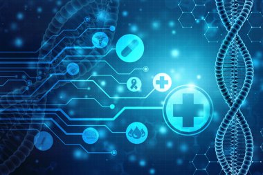 Tıbbi teknoloji ve sağlık geçmişinde izole edilmiş DNA yapısına sahip biyokimya kavramı. 3d oluşturma