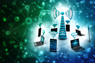 Cep telefonları baz istasyonu etrafında. Dijital arka planda izole edilmiş, mobil verici, internet iletişim konsepti. 3d oluşturuldu