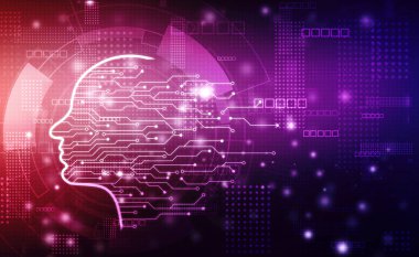 Yapay Zeka zihin konsepti, Yaratıcı Beyin, Zihin Kavramı, Gelecek Teknolojisi web geçmişi, İnovasyon geçmişi. Devre Çizgileri olan insan kafası ana hatları