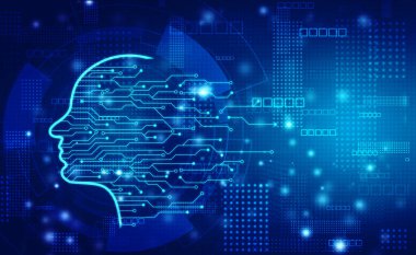 Yapay Zeka zihin konsepti, Yaratıcı Beyin, Zihin Kavramı, Gelecek Teknolojisi web geçmişi, İnovasyon geçmişi. Devre Çizgileri olan insan kafası ana hatları