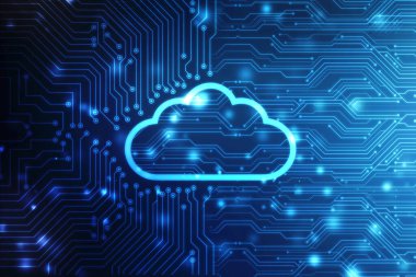 Devre kartlı Bulut hesaplamasının 2d çizimi, Dijital Bulut hesaplama kavramı. Siber teknoloji, internet veri depolama, veritabanı ve mobil sunucu kavramı