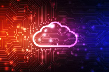 Devre kartlı Bulut hesaplamasının 2d çizimi, Dijital Bulut hesaplama kavramı. Siber teknoloji, internet veri depolama, veritabanı ve mobil sunucu kavramı