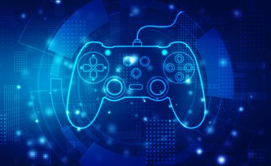 Dijital arkaplanda Retro Gamepad kontrolör hologramı. 5G, oyun, oyun, ped ve online oyun soyut kavram arka planı