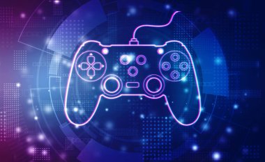 Dijital arkaplanda Retro Gamepad kontrolör hologramı. 5G, oyun, oyun, ped ve online oyun soyut kavram arka planı