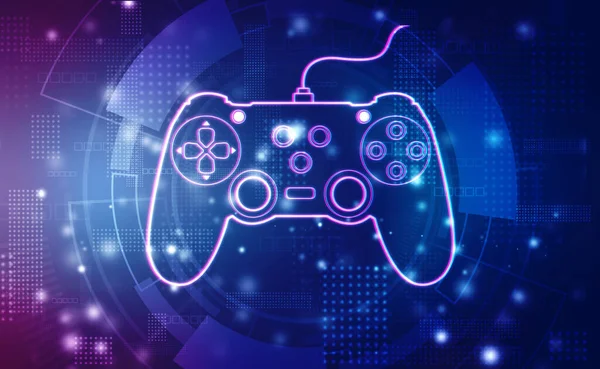 Dijital arkaplanda Retro Gamepad kontrolör hologramı. 5G, oyun, oyun, ped ve online oyun soyut kavram arka planı