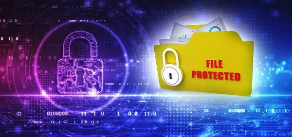 3D yellow folder and lock on technology background.