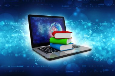 Dijital kütüphane ve online eğitim konsepti - renkli kitaplı dizüstü bilgisayar. 3d oluşturma