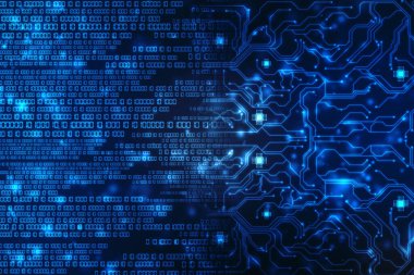 İkili devre kartı gelecek teknolojisi, mavi siber güvenlik kavramı arka plan, soyut yüksek hızlı dijital internet. Hareket bulanıklığı. piksel 