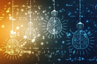 Teknoloji geçmişi, gelecek teknolojisi, yenilik geçmişi, yaratıcı beyin, fikir kavramı, soyut teknoloji geçmişi üzerine ampul çizimi