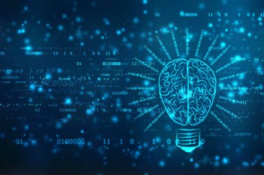 Teknoloji geçmişi, gelecek teknolojisi, yenilik geçmişi, yaratıcı beyin, fikir kavramı, soyut teknoloji geçmişi üzerine ampul çizimi