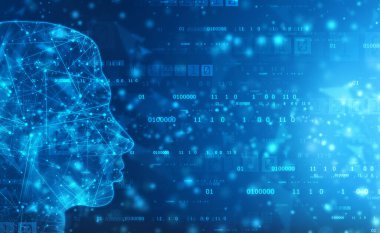 Yapay Zeka zihin konsepti, Yaratıcı Beyin, Zihin Kavramı, Gelecek Teknolojisi web geçmişi, İnovasyon geçmişi. Devre Çizgileri olan insan kafası ana hatları