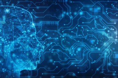 Yapay Zeka zihin konsepti, Yaratıcı Beyin, Zihin Kavramı, Gelecek Teknolojisi web geçmişi, İnovasyon geçmişi. Devre Çizgileri olan insan kafası ana hatları