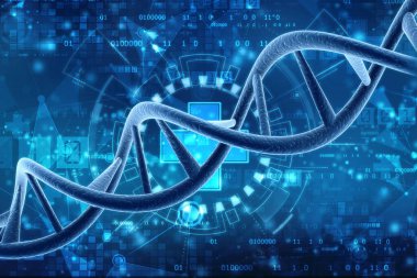 Sağlık geçmişinde DNA yapısına sahip biyokimya kavramı, tıp bilimi ve biyoteknoloji kavramı. 3d illüstrasyon