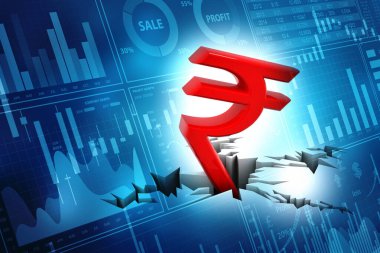 Hint Rupisi krizi konsepti, Kızıl Hindistan Rupisi Sembolü. Borsa arka planında 3B görüntüleme izole edildi 