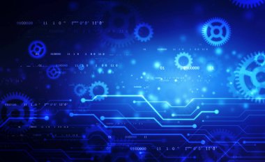 Soyut fütüristik devre kartı illüstrasyonu, içinde çeşitli teknoloji elementleri olan devre kartı. Vitesli, dişli, dişli, soyut geleceksel teknoloji arka planı