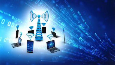 Cep telefonları ve cep telefonu vericisi çevresindeki bilgisayar, İnternet Veri İletişim Konsepti. 3d oluşturuldu